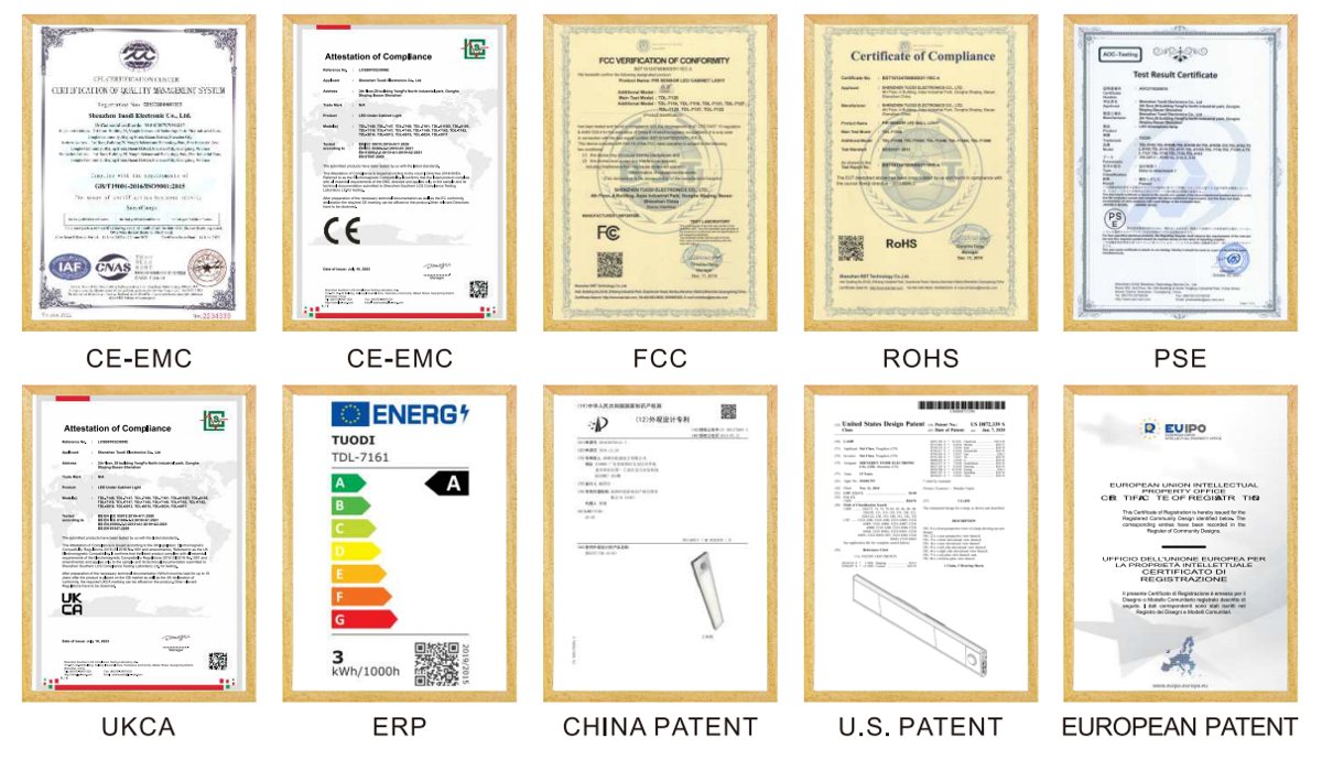 Wall of TUODI certificates: CE-EMC, FCC, RoHS, PSE, UKCA, ErP, energy label, Chinese, US and European patents