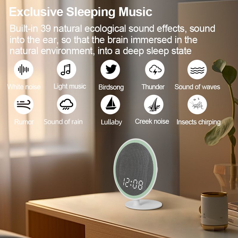 TUODI MC330 white noise machine with clock display on a nightstand