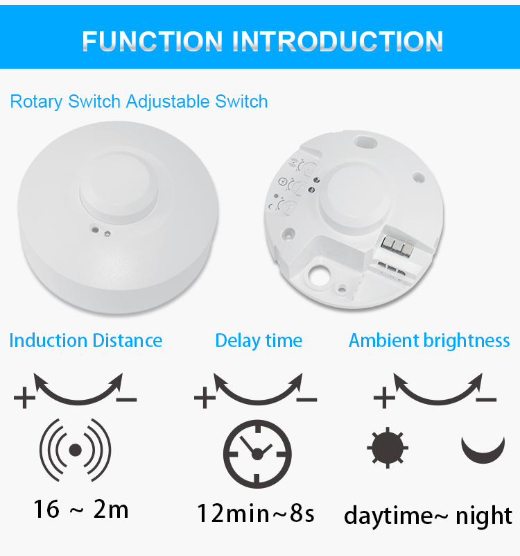 TDL-1915 rotary adjusters: induction distance 2–16 m, delay 12 min to 8 s, ambient brightness daytime to night