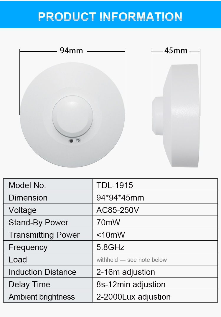 TUODI's own TDL-1915 product information sheet listing dimensions, voltage, standby and transmitting power, frequency, induction distance, delay time and ambient brightness, with the load row masked